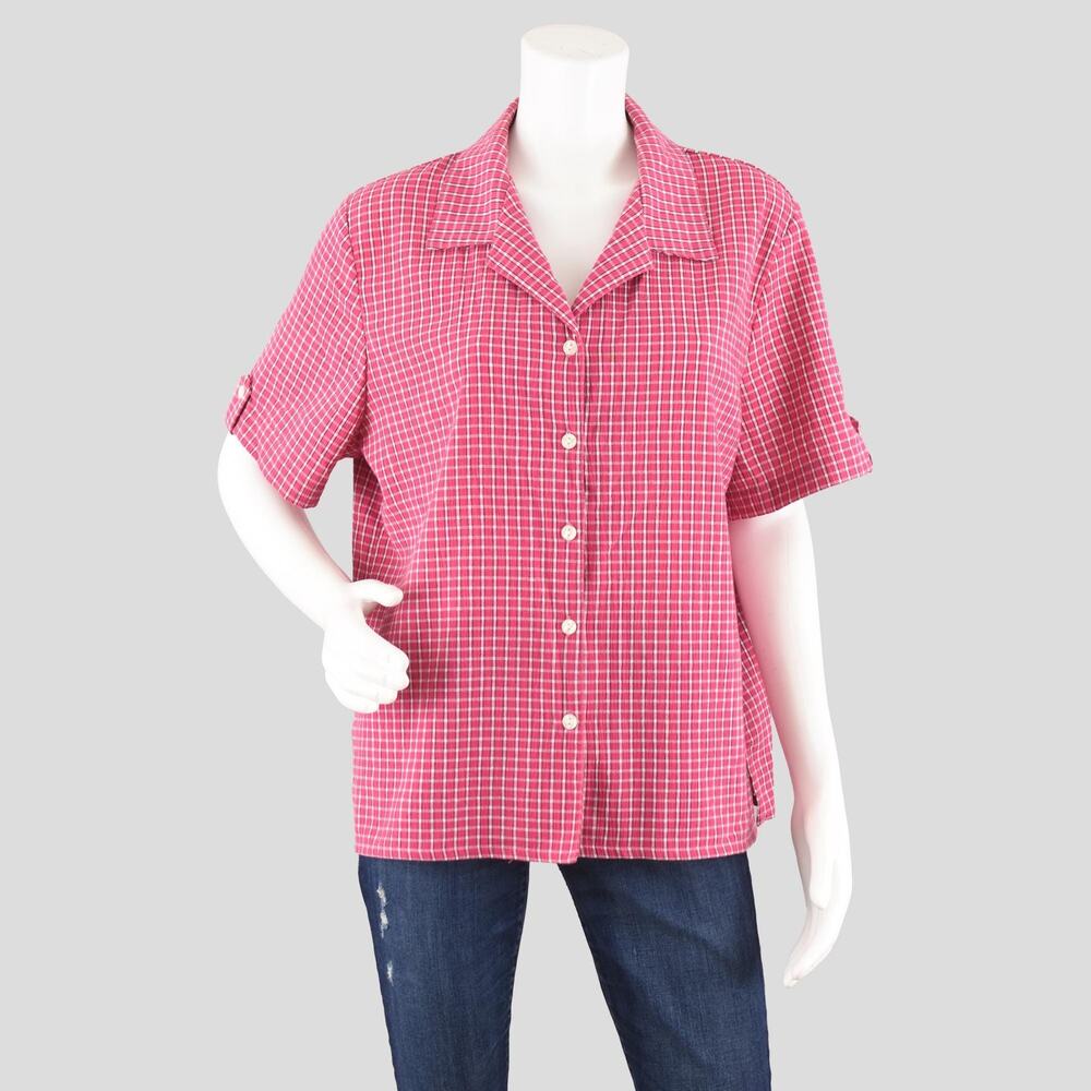 Vintage 90s Pink Plaid Short Sleeve Button Down Shirt Women’s Petite Large